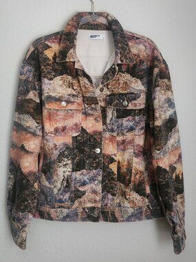 MISTRESS ROCKS 'Thoughts' Landscape Print Oversized Denim Jacket M